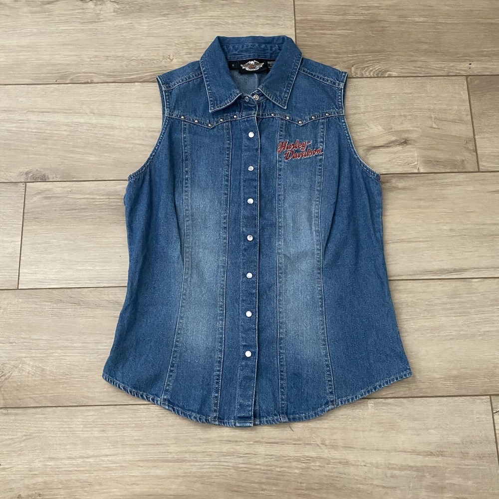 Harley Davidson Women's Vest Denim‎ Blue Jean Sleeveless Jacket Size Small